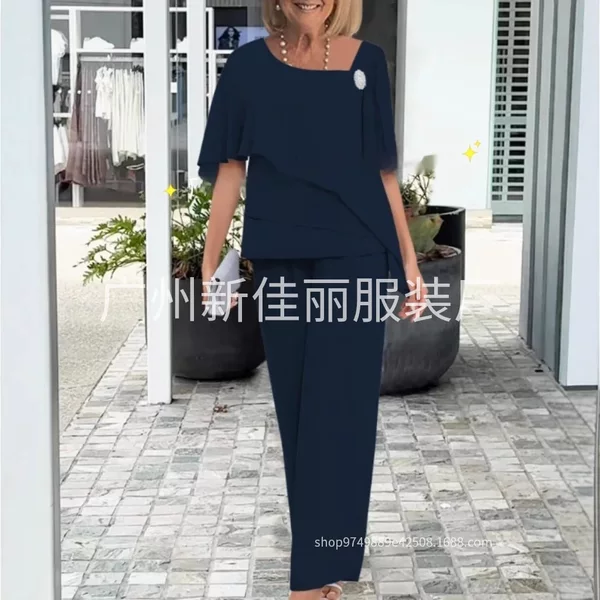 2025 European and American Amazon Cross-Border Spring New Chiffon Beaded Rhinestone Slimming Wide-Leg Pants Two-Piece Set