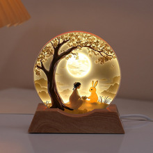 月球水晶小夜灯发光摆件创意兔子灯卧室桌面装饰品氛围灯节日礼物