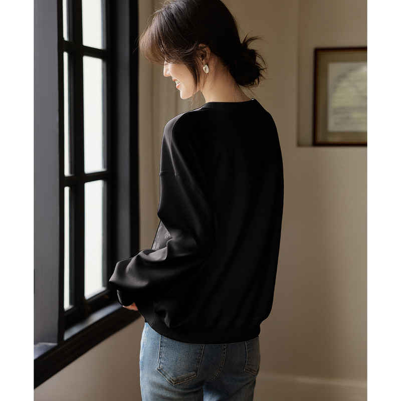 缎面提花拼接肌理卫衣女2025秋季新款圆领宽松慵懒风长袖上衣|undefined