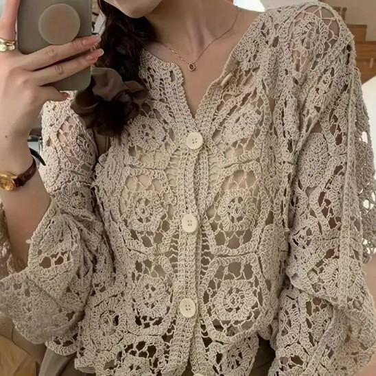 European, American and Asian Cross-Border Popular Women's Hollow-Out Knitted Cardigan Jacket, Elegant and Sweet Beach Vacation Cover-Up