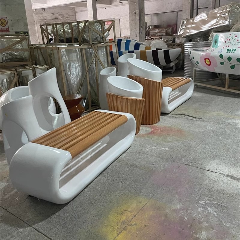 Creatividad al aire libre imitación de madera sólida fibra de vidrio taburete de ocio centro comercial hotel oficina oficina oficina sala de ventas asiento combinación de maceta