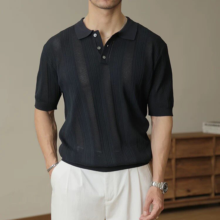 Polo camiseta de punto camiseta de manga corta hombre solapa rayas huecas viejas camisetas de negocios de verano fábrica transfronteriza al por mayor