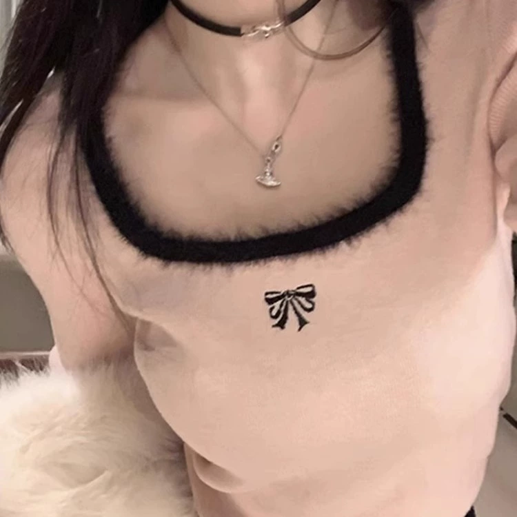 Knitted autumn sweater for students, square neckline