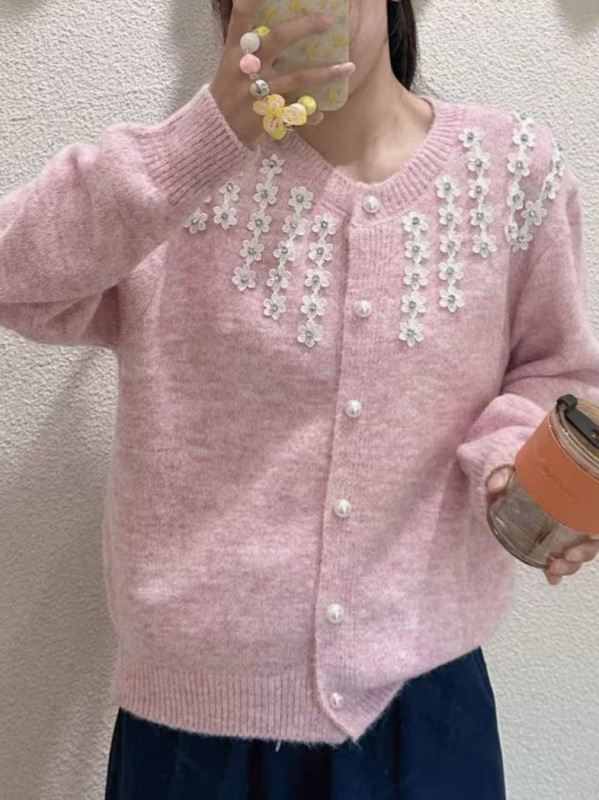 秋冬新款韩系甜美重工立体花朵针织开衫软糯文艺复古风毛衣女外套|undefined