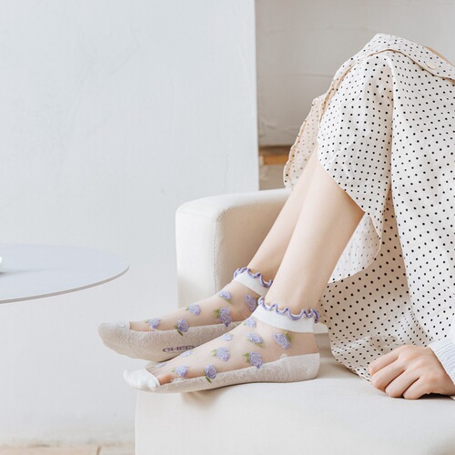 ins trendy Japanese spring and summer new style light purple lace transparent glass stockings fungus edge floral shallow socks