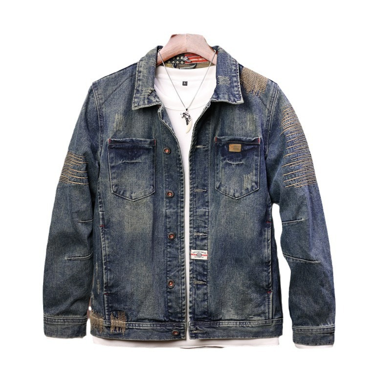 Star [Tide] Giacca in denim da uomo alla moda con ricamo in stile locomotiva di alta qualità, top da uomo_voghion.com