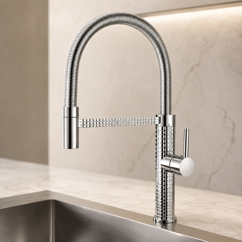 Modern Light Luxury Electroplated Silver Kitchen Faucet High-Arc Universal Spring Faucet Single Handle Hot and Cold Water Sink Faucet Modern Light Luxury Electroplated Silver Kitchen Faucet High-Arc Universal Spring Faucet Single Handle Hot and Cold Water Sink Faucet