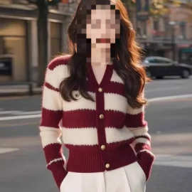 酒红色条纹针织开衫毛衣女款2024秋冬新款小香风外套软糯保暖上衣