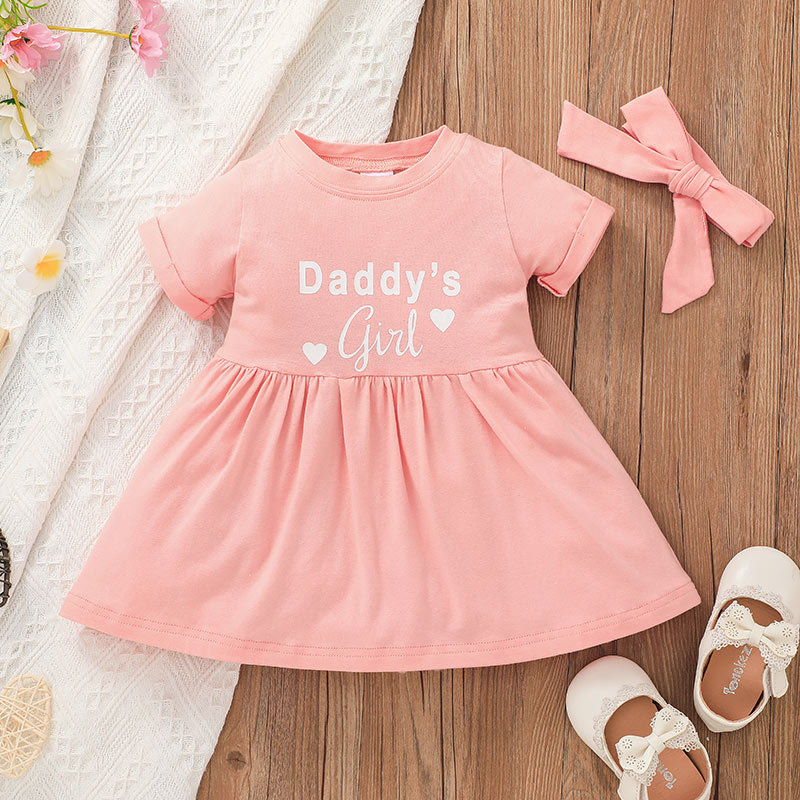 2021 New Baby Girls' Spring And Autumn Short-sleeved Dress European And American Letter Printed Cute A- Line Skirt Cross-border Children Shirt display picture 1