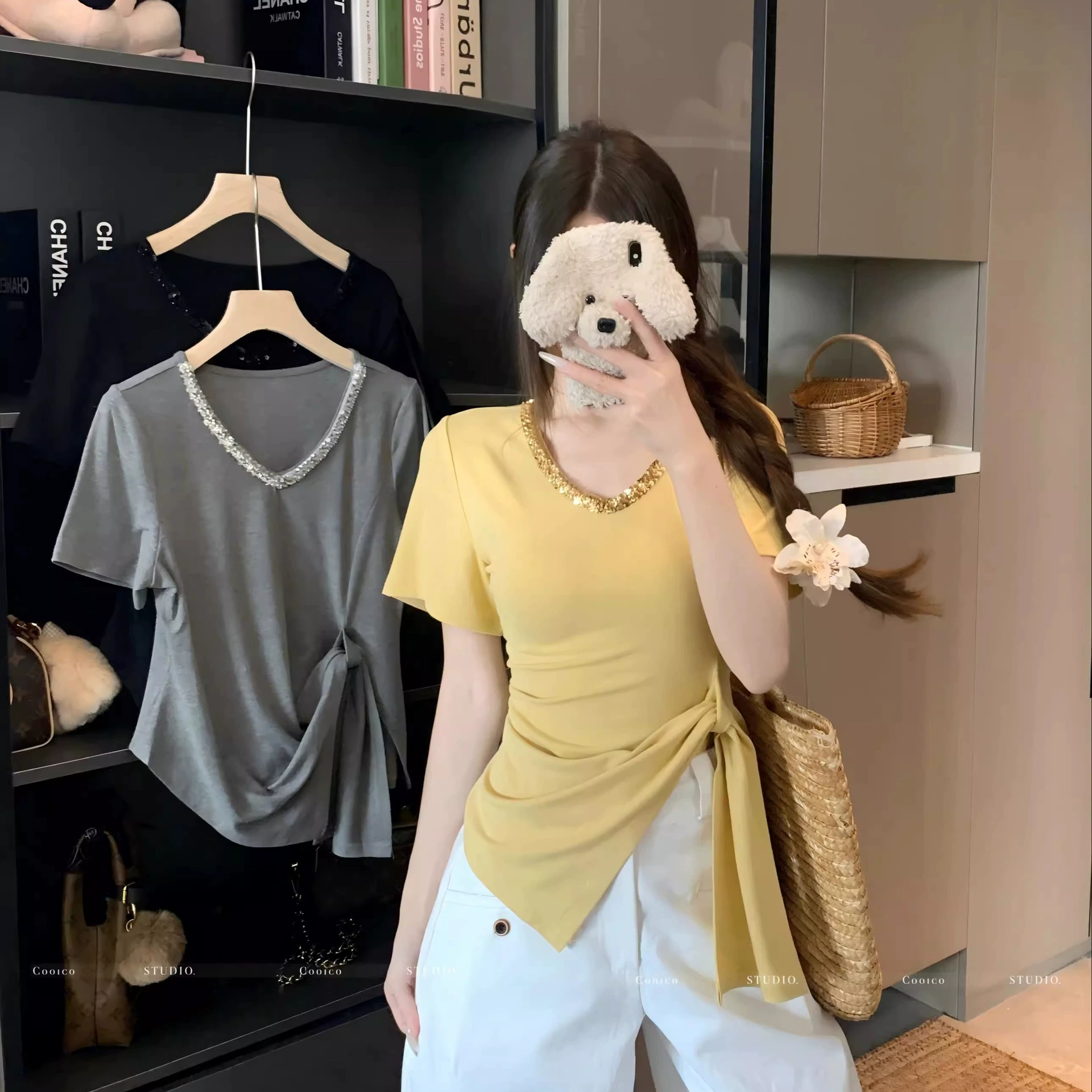 Модная женская футболка больших размеров с v-образным вырезом и короткими рукавами в стиле пэчворк, тонкий топ с нерегулярным галстуком в корейском стиле