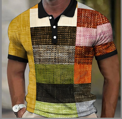 Botón de los hombres camisa polo a cuadros patrón solapa moda 3D Impresión digital moda urbana suelta casual