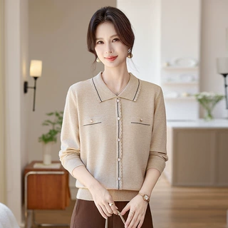 中老年女翻领长袖针织衫洋气妈妈秋装宽松上衣2026新款打底衫套装