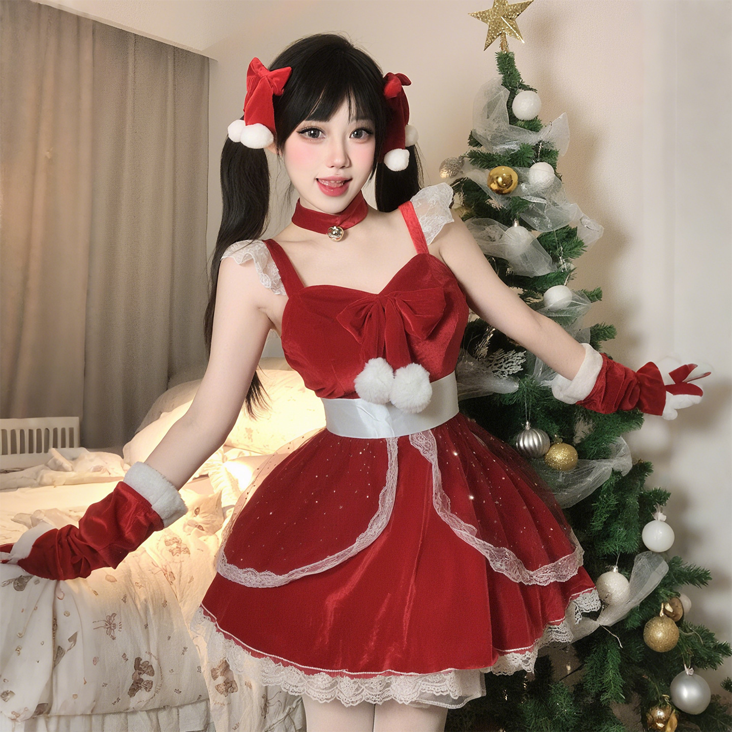 2025圣诞战袍 蕾丝吊带裙五件套 性感收腰 纯欲派对礼服 诞268