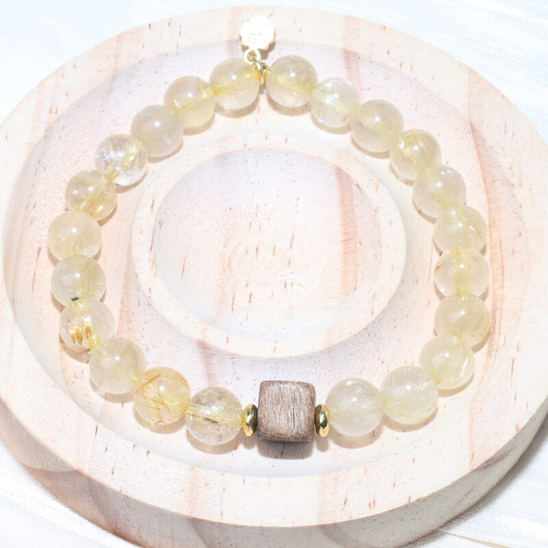 Natural vintage-style jewelry, crystal niche design bracelet with golden rutilated quartz and Dala square beads, gift