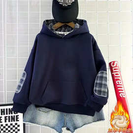 光板400g华棉秋冬男女童中大童格子拼接设计感连帽卫衣加绒酒红