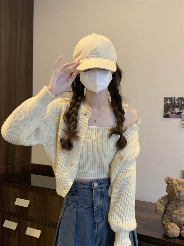 花朵刺绣针织开衫毛衣吊带两件套女2025秋冬新款显瘦外套甜辣上衣|undefined