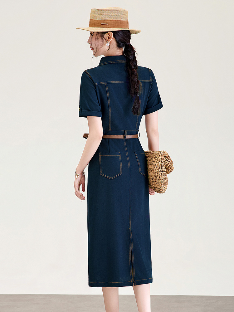 Đầm denim nữ cổ V eo cao tay ngắn dáng ôm — xanh lam