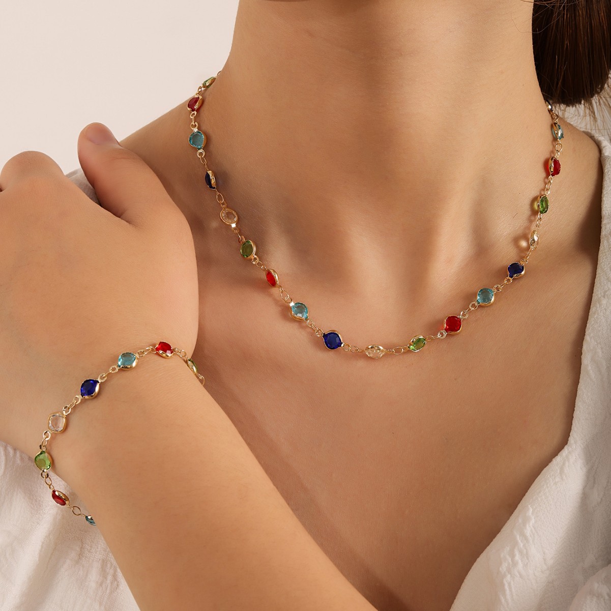 ins欧美风彩色个性水晶女士项链手链锁骨链 小众设计轻奢首饰套装