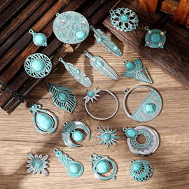 新款抹蓝绿松石耳环波西米亚耳坠diy饰品配件复古气质夸张耳饰品