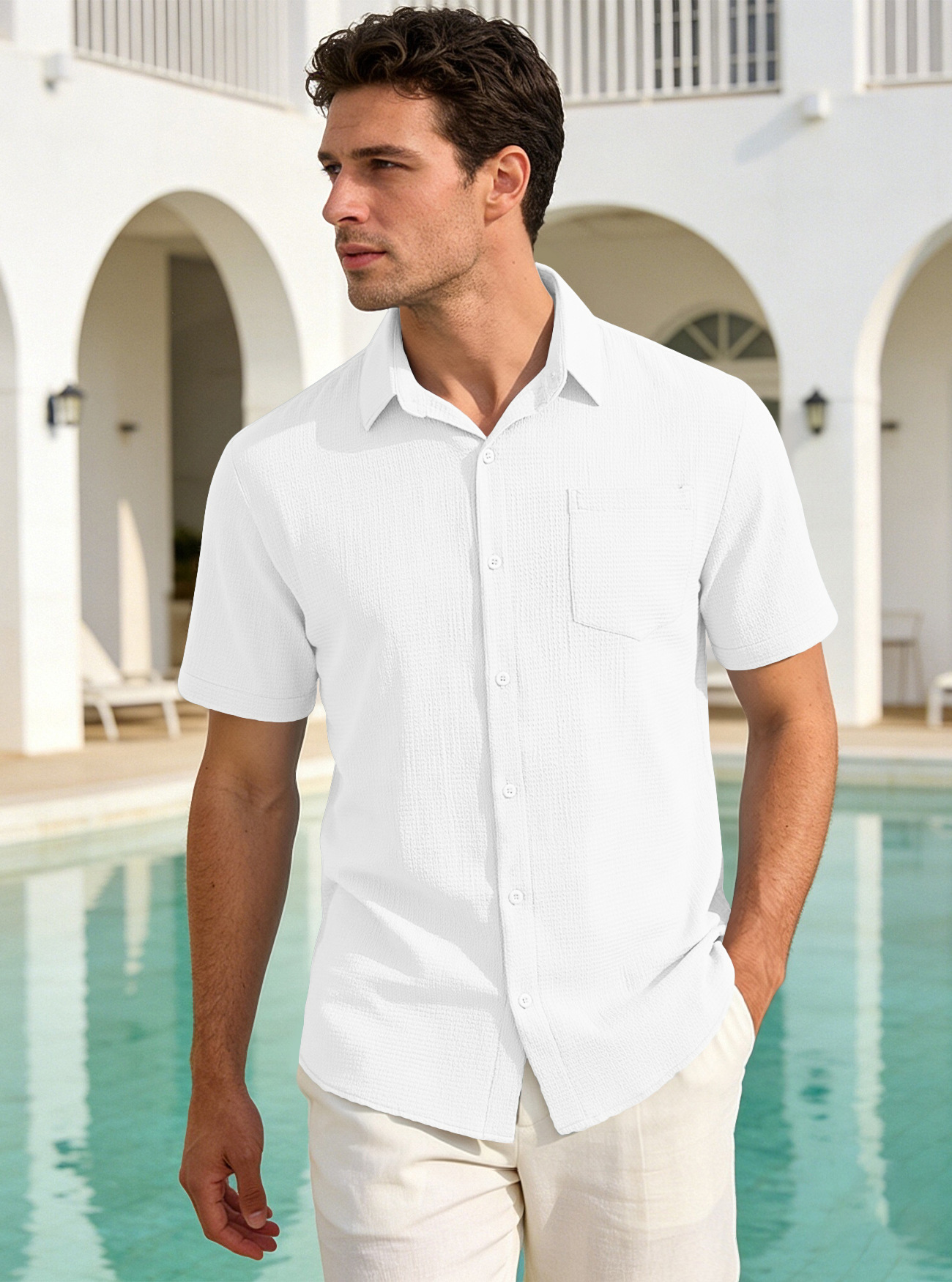 Herren Sommer Freizeithemd Einfarbig Mit Tasche Und Kragen_voghion.com