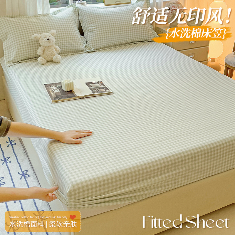 Washed Cotton Solid Color Bed Cover Single Double Bed Cover Simmons Mattress Protective Cover Non-slip Bed Sheet Cross-border Single-piece Wholesale