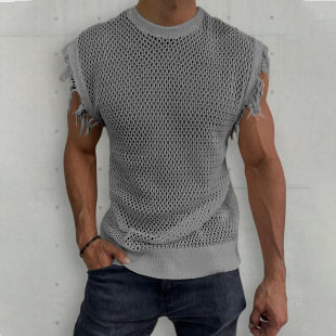 Summer New Knitted Vest Round Neck Sleeveless Cut Out Sweater Vest Cross-Border Amazon European and American Muscular Men's Clothing