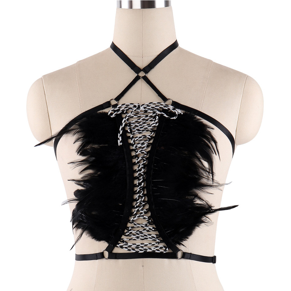 竹如 跨境外贸均码线束羽毛诱惑内衣性感黑色情趣系带胸罩 O0606|ru