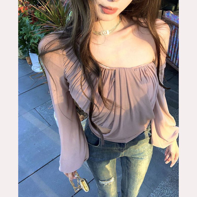 不规则纯欲斜肩长袖T恤女装夏季网纱拼接褶皱修身设计感辣妹上衣|undefined