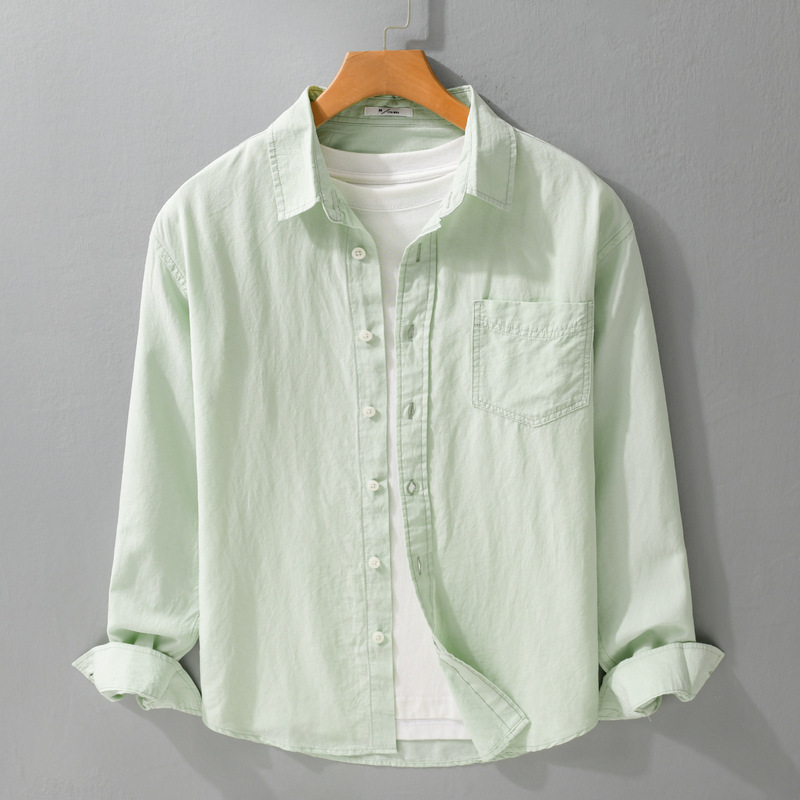 Spring and Autumn Men's Simple Casual Long-Sleeved Shirt, White Base Layer, Versatile Cotton Outerwear Men's Top 8043