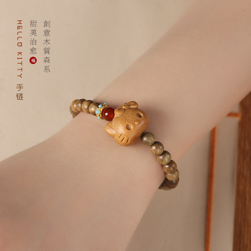 Green Sandalwood 6mm Rosary Fine Bracelet with Healing Sandalwood Carving Kitty Cat Literary Healing Bracelet for Women