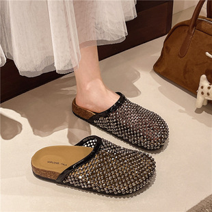 Thick-Soled Birkenstock Shoes, Toe-Cap Half Slippers, Women's Summer Outer Wear 2025 New Style Slip-On Fishnet Rhinestone Fairy Style Sandals