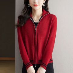 短款毛衣外套女春秋洋气拉链上衣翻领显瘦女加厚宽松针织外搭开衫