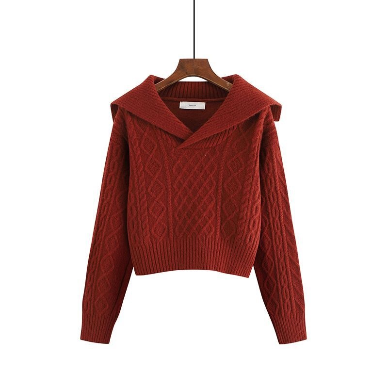 Large Lapel Retro Sweater for Women in Autumn and Winter High-Waisted Short Style Soft Waxy Pullover Long-Sleeved Thick Wool Knitted Top