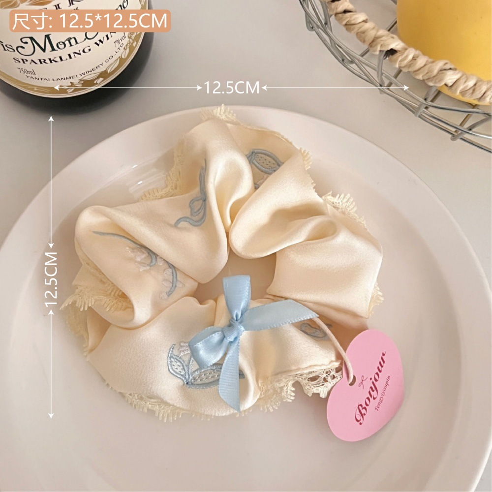 Frase bordada arco dulce anillo de cabello intestino de alta sensibilidad de la niña encaje cuerda de cabello suave adornos para el cabello