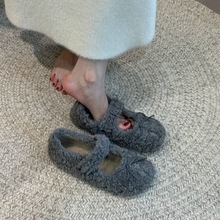 毛毛鞋女秋冬外穿2024新款仙女圆头单鞋蝴蝶结百搭加绒保暖棉瓢鞋