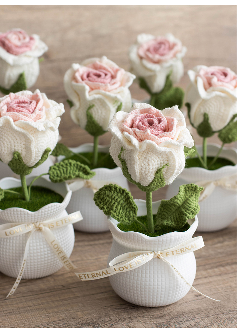 Ready-made hand-knitted rose artificial flower potted plants, office desktop potted plants, knitted flower ornaments, artificial flowers wholesale pic 12