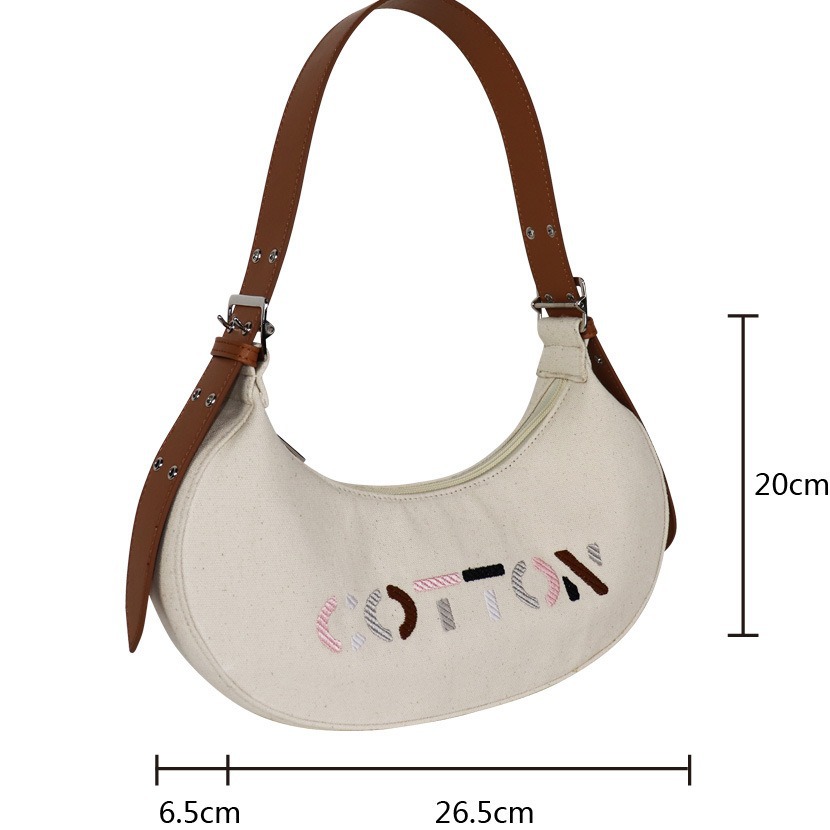 Custom Letter Embroidered Crescent Bag Niche Baguette Underarm Bag For Women Canvas And Leather Shoulder Bag Luxury Dumpling Bag - Thumbnail 2