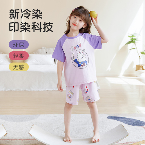 Children's home clothes, summer thin girls' short-sleeved suits, pure cotton, medium and large children's air-conditioned clothes, summer pajamas, trendy wholesale