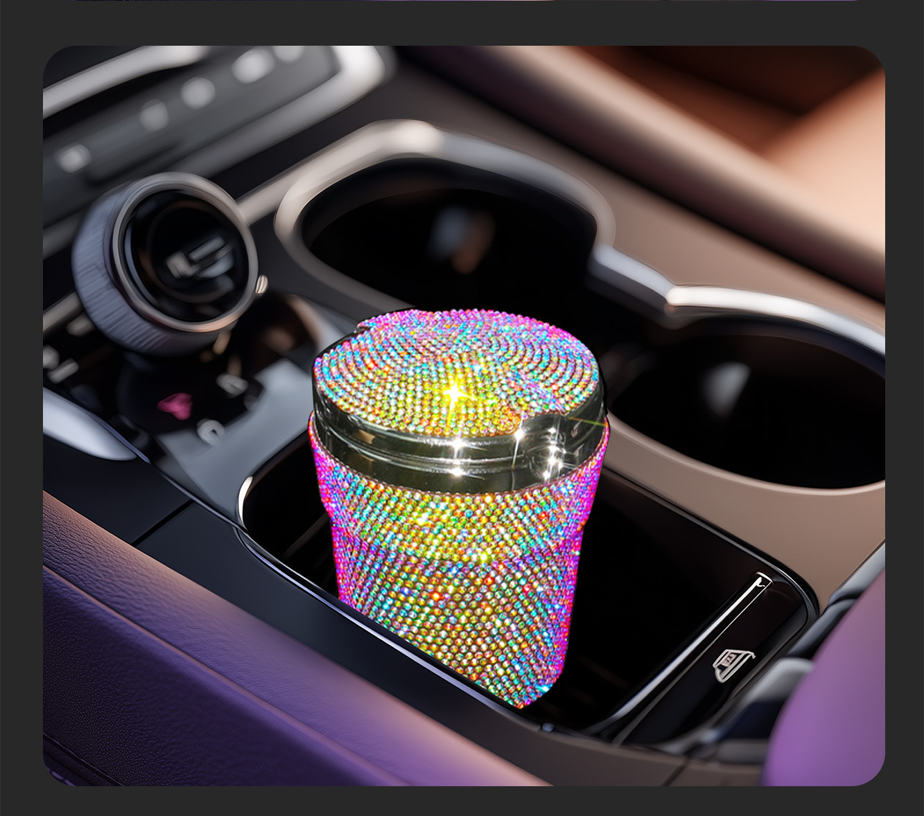 Diamond-Encrusted Car Ashtray, Creative and Personalized, with Cover, Led Light, Multifunctional, Universal, High Temperature Resistant, Flame Retardant