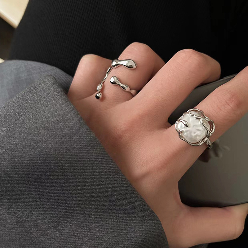Geometric Silver Plated Metal Artificial Pearls Open Ring