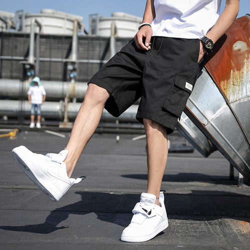 Men's Summer Plain Cotton Beach Sports Casual Loose 5-Pocket Work Pants, Korean Style Trendy
