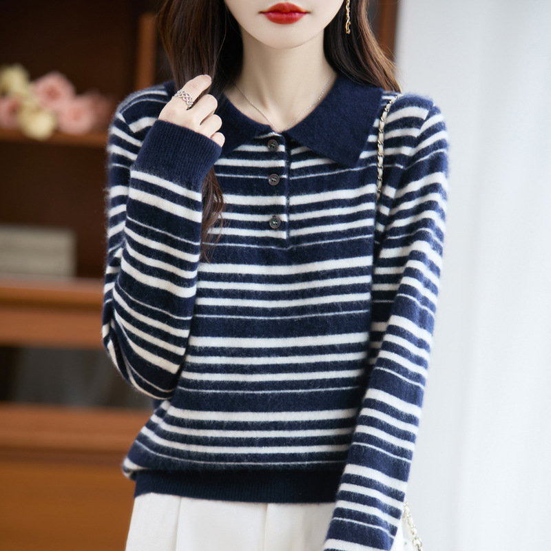 翻领拼色条纹100纯羊毛针织衫女秋冬内搭毛衣长袖女装打底衫上衣|undefined