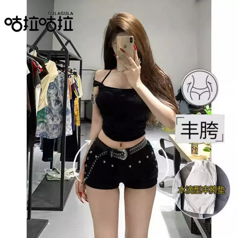 美式高腰铆钉丰胯提臀牛仔超短裤女2025夏季新款薄款紧身显瘦热裤