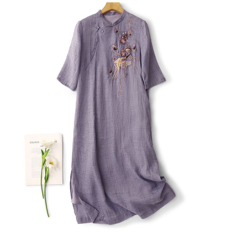 Chinese-Style National Style Cotton and Linen Heavy Embroidery Dress for Women, Summer Vintage Slimming Artistic Improved Long Cheongsam Tea Dress Chinese-Style National Style Cotton and Linen Heavy Embroidery Dress for Women, Summer Vintage Slimming Artistic Improved Long Cheongsam Tea Dress