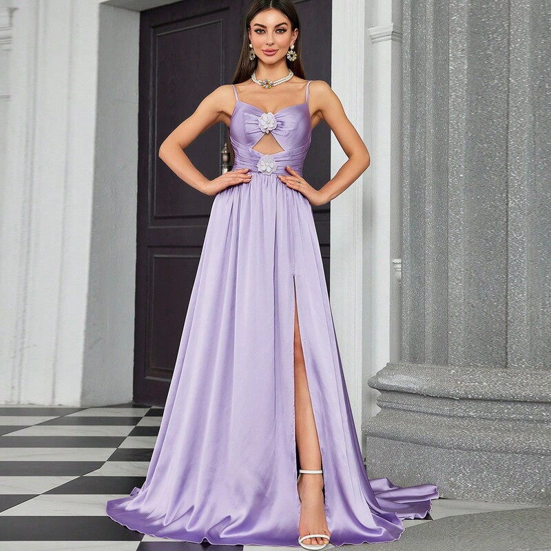 Amazon's New Suspender Prom Evening Dress 2025 New Design Pure Color Satin Long Skirt Adult Dress for Women
