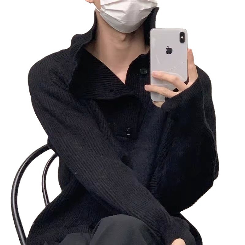 Botón estilo coreano suave textura glutinosa medio suéter de cuello alto de los hombres de alto grado de otoño e invierno flojo perezoso suéter abrigo de moda
