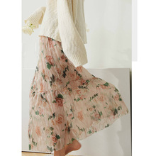 玫瑰印花不规则压褶欧根纱半身裙女法式碎花雪纺小个子中长款伞裙