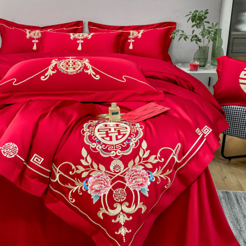 444Z Wholesale Chinese Wedding Pure Cotton Four-Piece Set Full Cotton Red Bedspread Simple Marriage Bedding Wedding Home Textiles