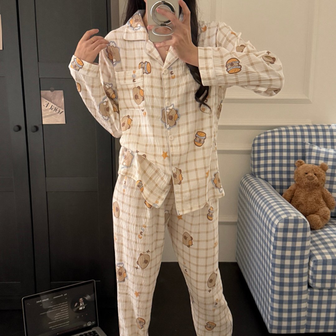 工厂批发睡衣女云朵棉长袖长裤甜美卡通可外穿家居服套装直播爆款
