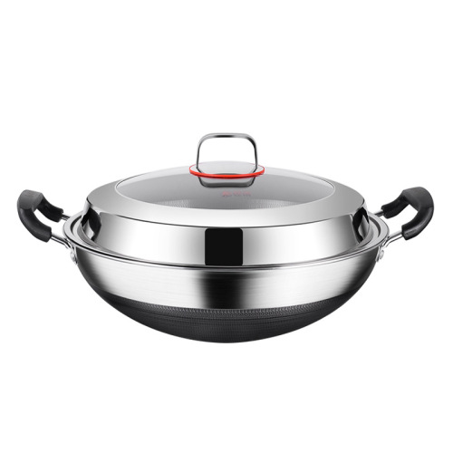 Double-ear wok 316 stainless steel household large round bottom wok gas concave induction cooker special non-stick pan